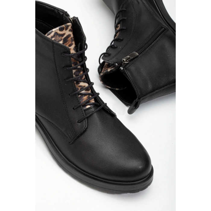 165-225 Siyaha Leopar Bağcıklı Fermuarlı Günlük Kadın Bot