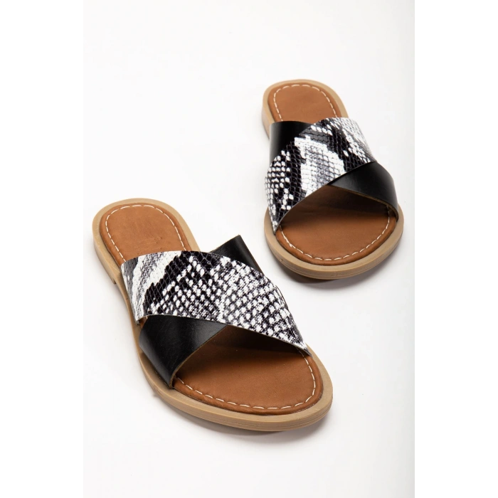 169-076 Siyah Ortopedik Hakiki Deri Çapraz Bantlı Kadın Terlik