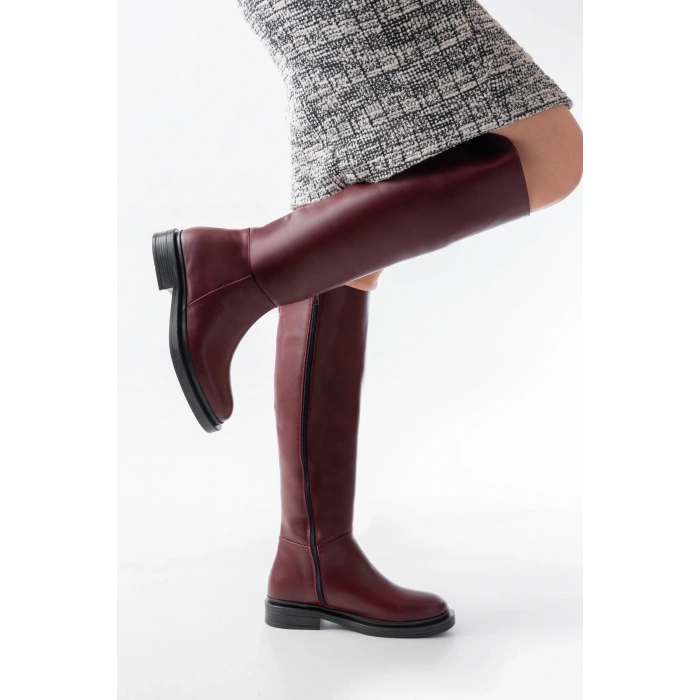 2024-3007 Bordo Fermuarlı Günlük Kadın Çizme