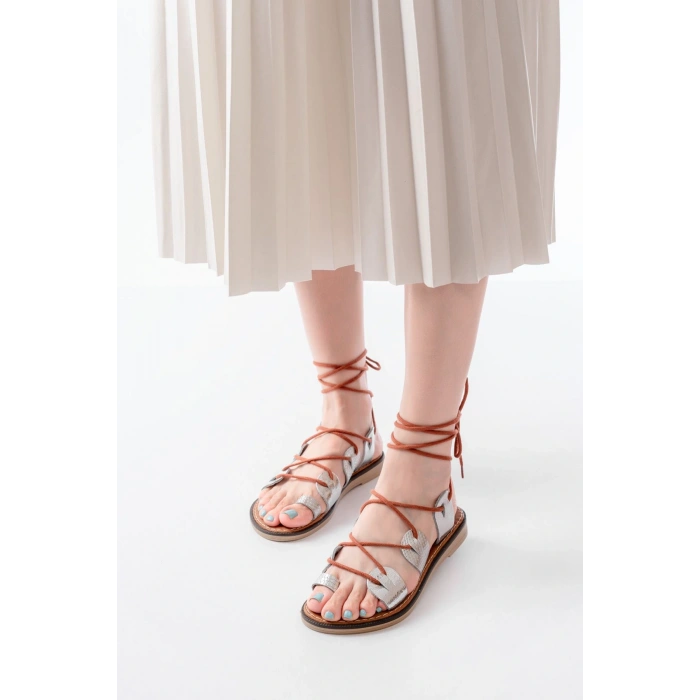 205-01 Gümüş Bilekten Bağlamalı Ortopedik Hakiki Deri Kadın Sandalet