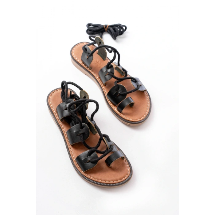 205-01 Siyah Bilekten Bağlamalı Ortopedik Hakiki Deri Kadın Sandalet