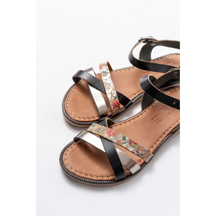 205-015 Siyah Garni Ortopedik Hakiki Deri  Kadın Sandalet