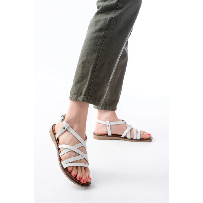 205-017 Beyaz Ortopedik Hakiki Deri Kadın Sandalet