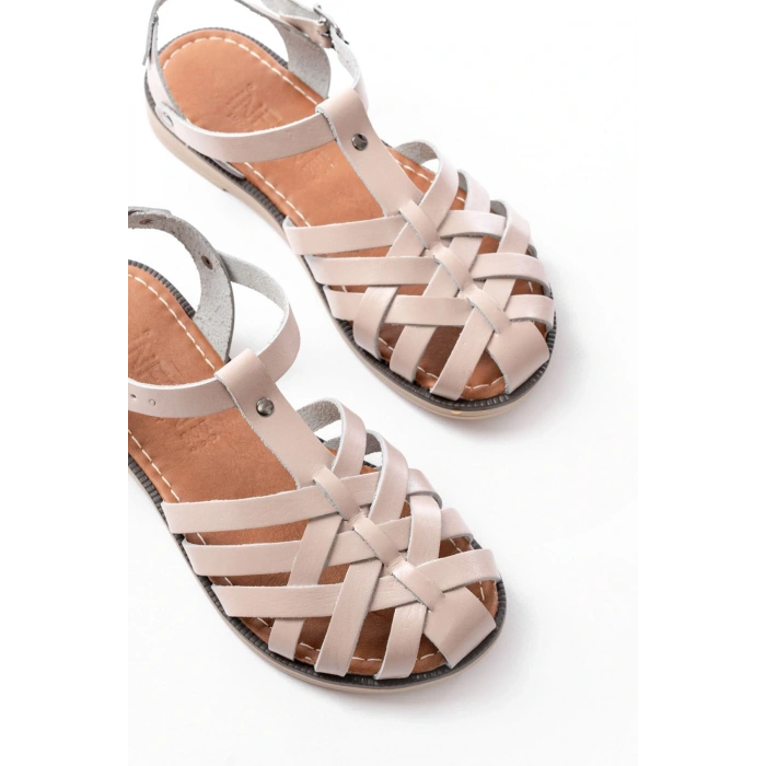 205-02 Bej Ortopedik Hakiki Deri Kadın Sandalet