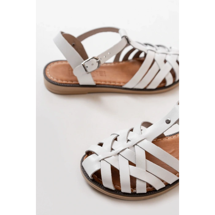 205-02 Beyaz Ortopedik Hakiki Deri Kadın Sandalet