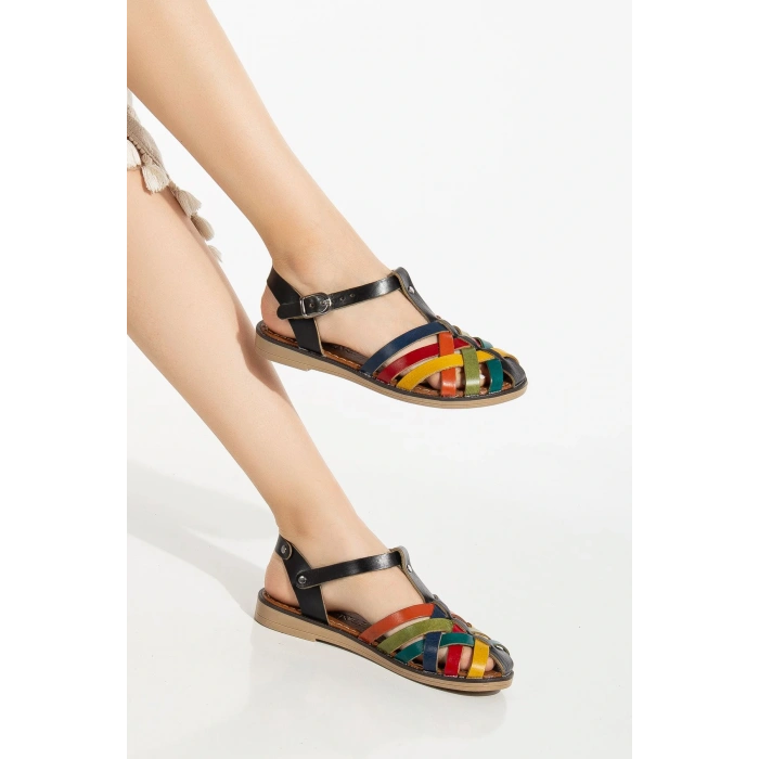 205-02 Siyah Multi Ortopedik Hakiki Deri Kadın Sandalet