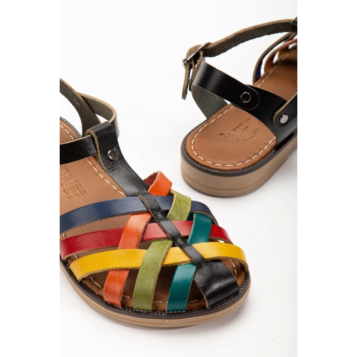 205-02 Siyah Multi Ortopedik Hakiki Deri Kadın Sandalet