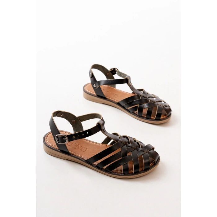 205-02 Siyah Ortopedik Hakiki Deri Kadın Sandalet