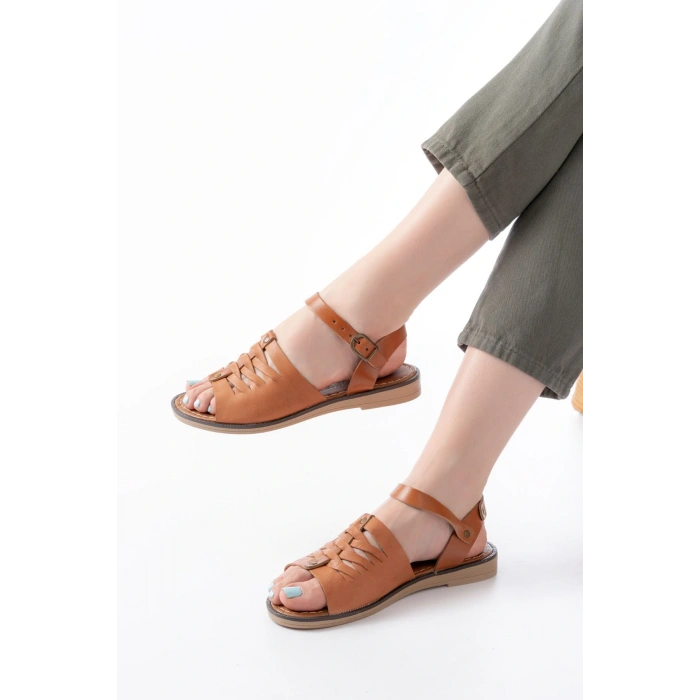 205-029 Taba Ortopedik Hakiki Deri Kadın Sandalet