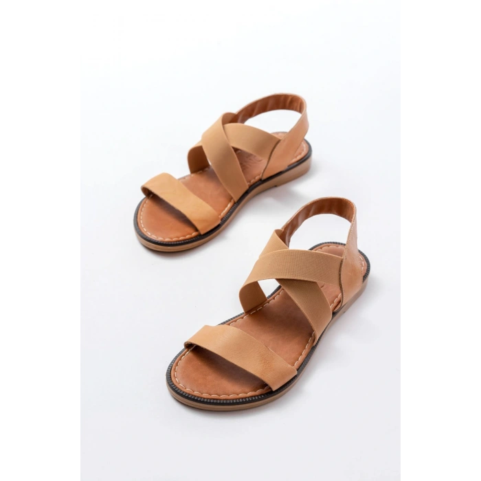 205-04 Bej Tek Bantlı Lastikli Hakiki Deri Ortopedik Taban Kadın Sandalet