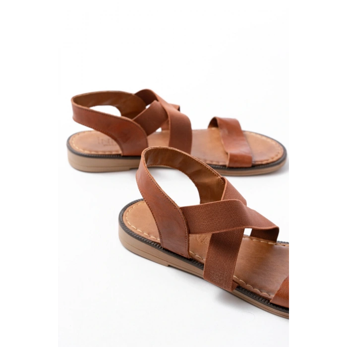 205-04 Taba Tek Bantlı Lastikli Hakiki Deri Ortopedik Taban Kadın Sandalet