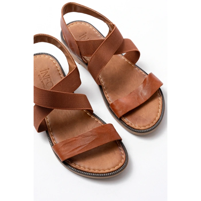 205-04 Taba Tek Bantlı Lastikli Hakiki Deri Ortopedik Taban Kadın Sandalet