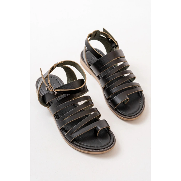 205-041 Siyah Ortopedik Hakiki Deri Kadın Sandalet