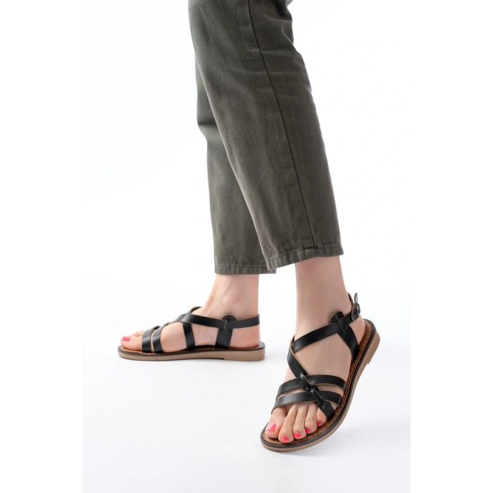 205-05 Siyah Ortopedik Hakiki Deri Kadın Sandalet