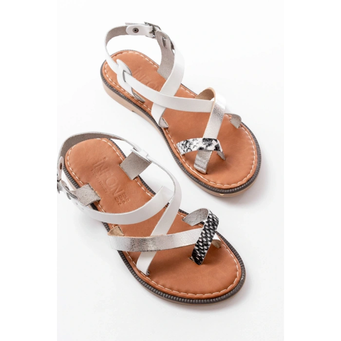 205-08 Beyaz Garni  Ortopedik Hakiki Deri Kadın Sandalet