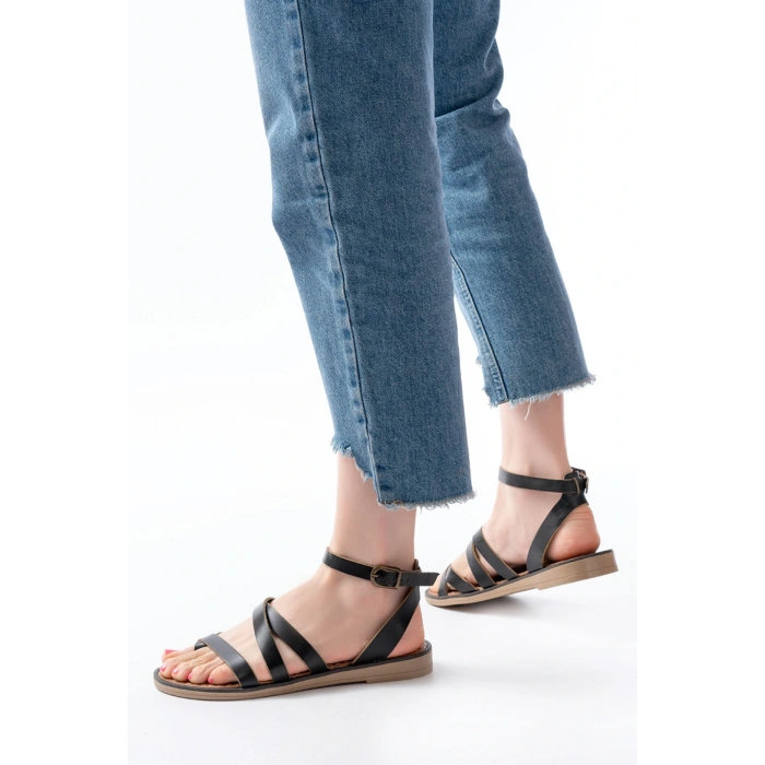 205-08 Siyah Ortopedik Hakiki Deri Kadın Sandalet