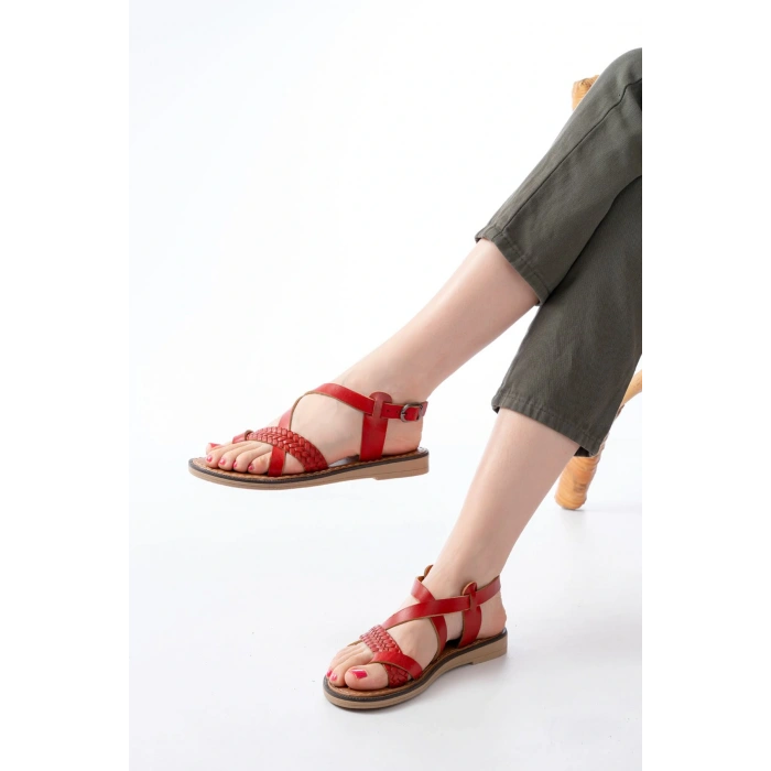 205-09 Kırmızı Ortopedik Hakiki Deri Kadın Sandalet