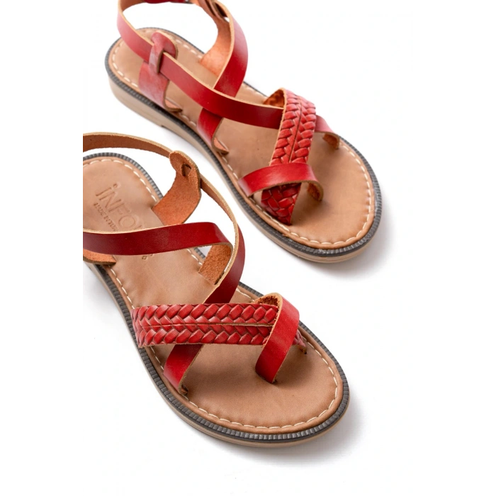 205-09 Kırmızı Ortopedik Hakiki Deri Kadın Sandalet
