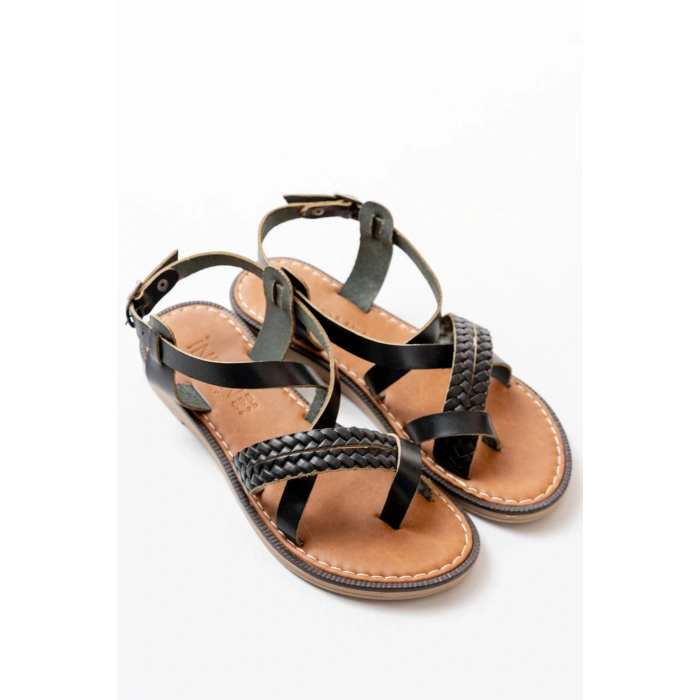 205-09 Siyah Ortopedik Hakiki Deri Kadın Sandalet