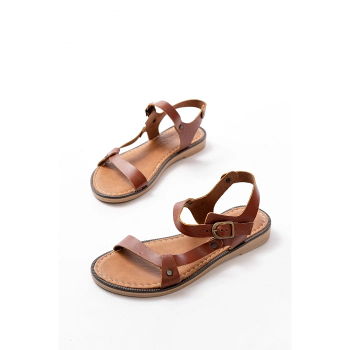 205-090 Koyu Kahve  Hakiki Deri Tokalı Kadın Sandalet