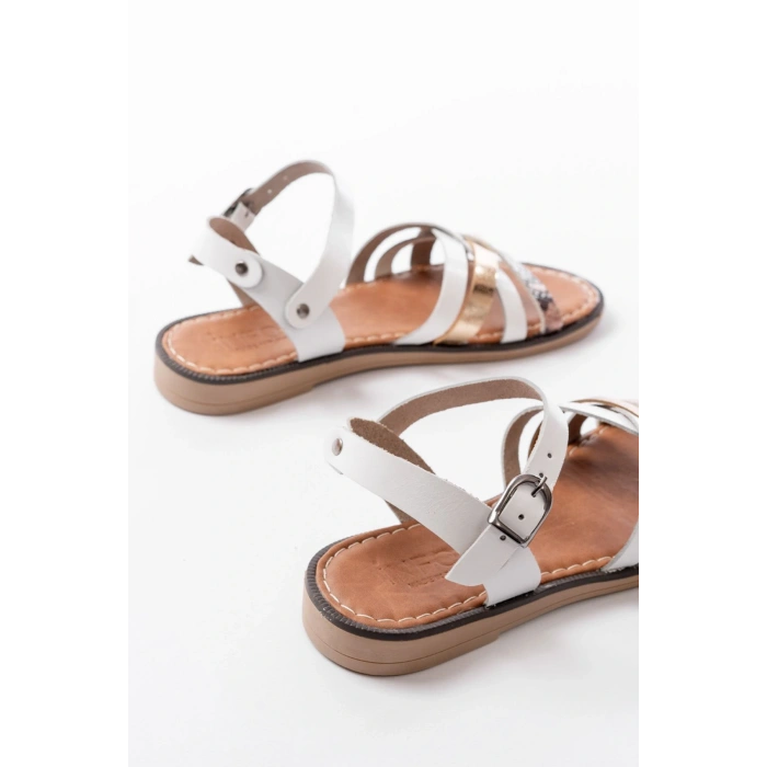 205-093 Beyaz  Garni Hakiki Deri Ortopedik Taban Kadın Sandalet