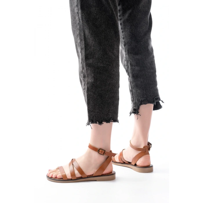 205-209 Taba  Hakiki Deri Tokalı Parmak Arası Kadın Sandalet