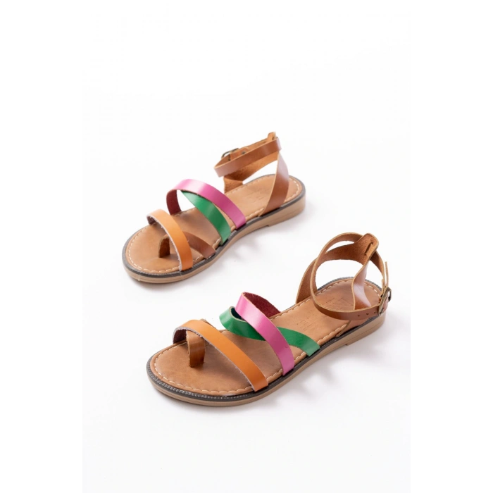 205-209 Turuncu Multi  Hakiki Deri Tokalı Parmak Arası Kadın Sandalet