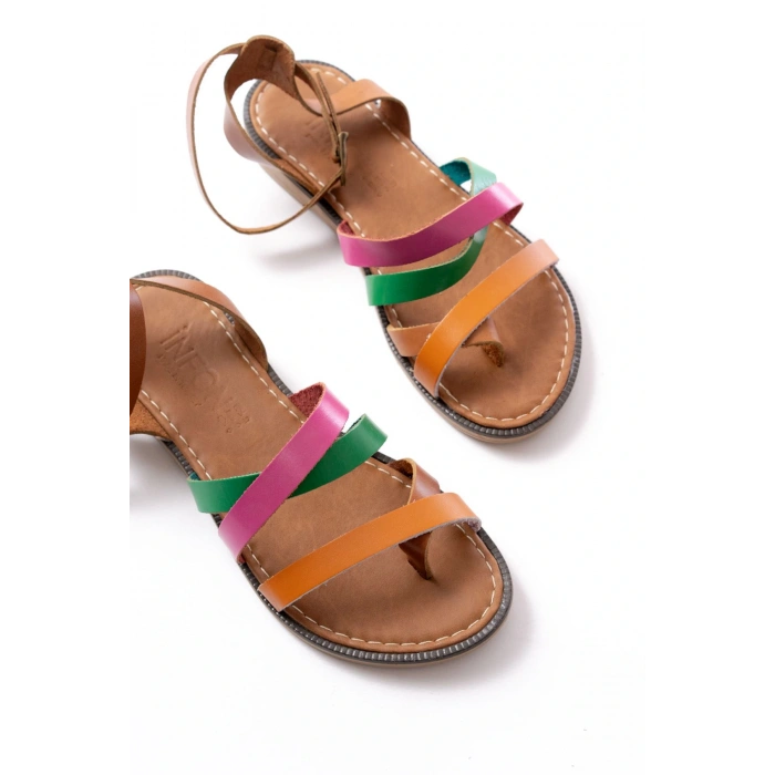 205-209 Turuncu Multi  Hakiki Deri Tokalı Parmak Arası Kadın Sandalet