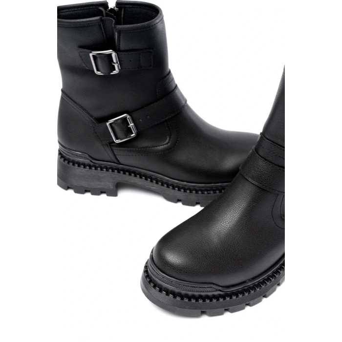 2051-2014 Siyah Tokalı Düz Topuklu Tokalı Fermuarlı Günlük Kadın Bot