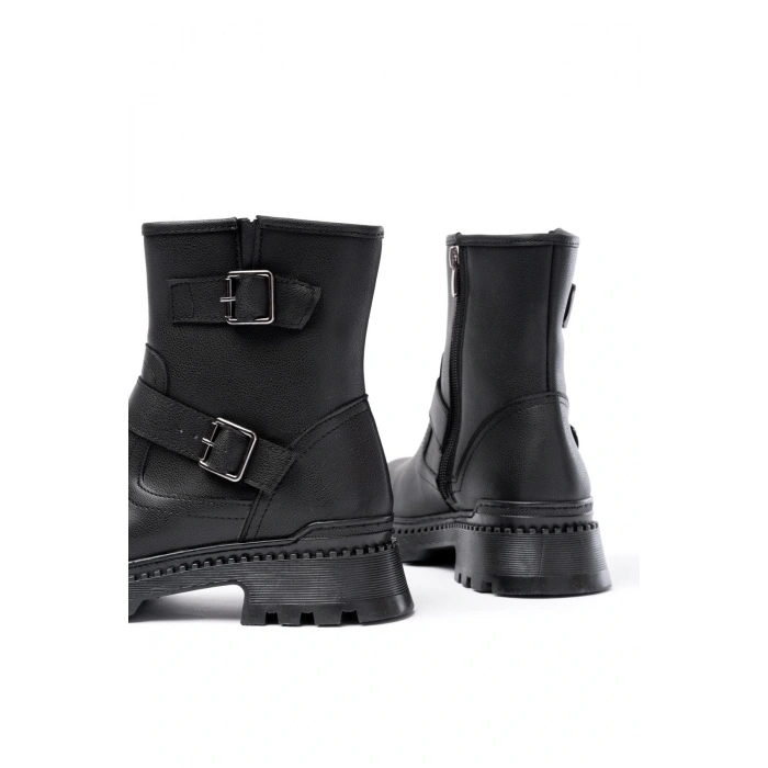 2051-2014 Siyah Tokalı Düz Topuklu Tokalı Fermuarlı Günlük Kadın Bot