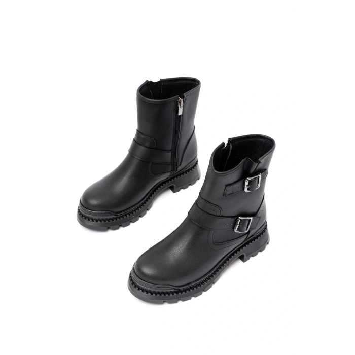 2051-2014 Siyah Tokalı Düz Topuklu Tokalı Fermuarlı Günlük Kadın Bot