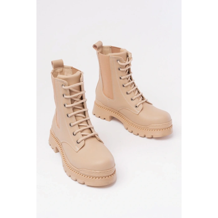 2051-298 Bej Düz Topuklu Bağcıklı Lastikli Günlük Kadın Bot