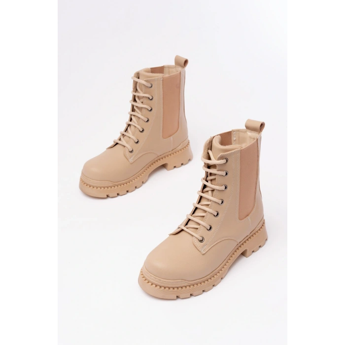2051-298 Bej Düz Topuklu Bağcıklı Lastikli Günlük Kadın Bot