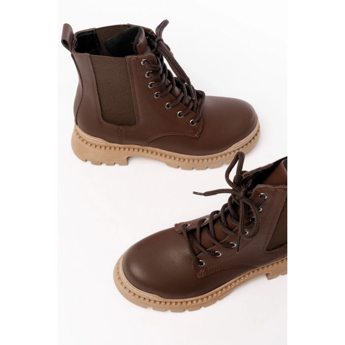 2051-298 Kahverengi Düz Topuklu Bağcıklı Lastikli Günlük Kadın Bot