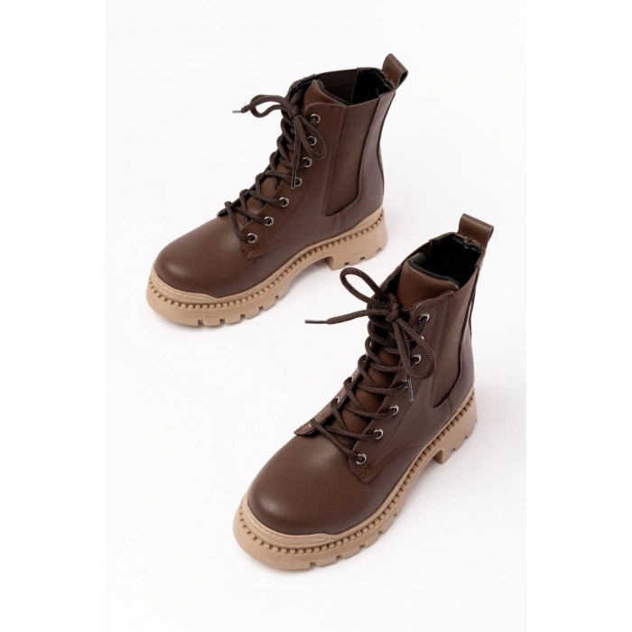 2051-298 Kahverengi Düz Topuklu Bağcıklı Lastikli Günlük Kadın Bot