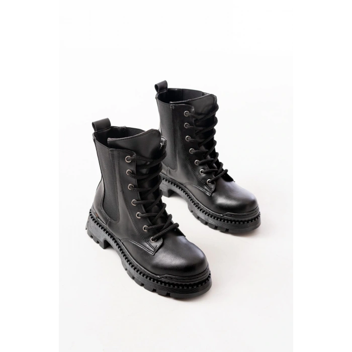 2051-298 Siyah Cilt Düz Topuklu Bağcıklı Lastikli Günlük Kadın Bot