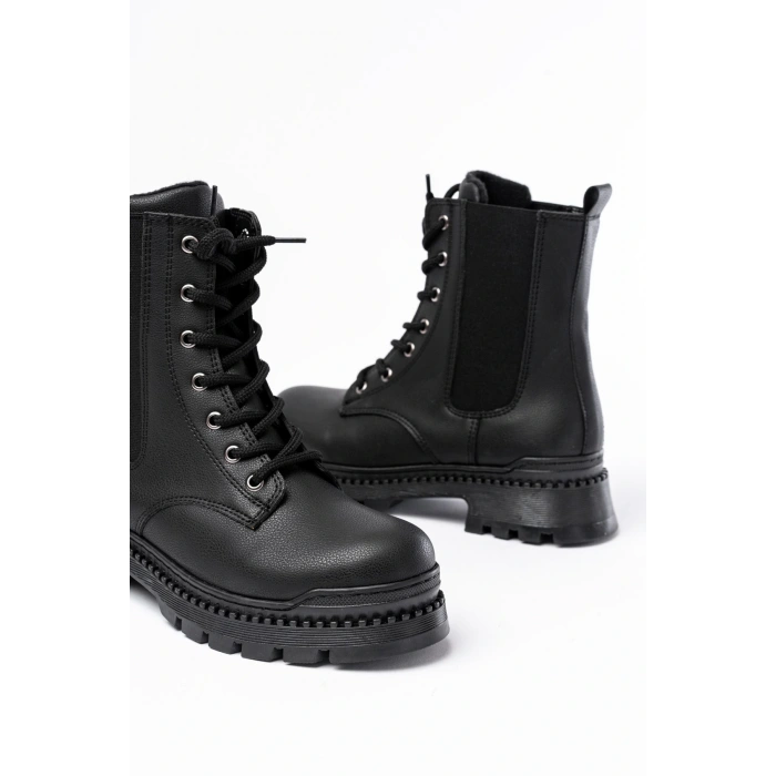 2051-298 Siyah Luna Düz Topuklu Bağcıklı Lastikli Günlük Kadın Bot