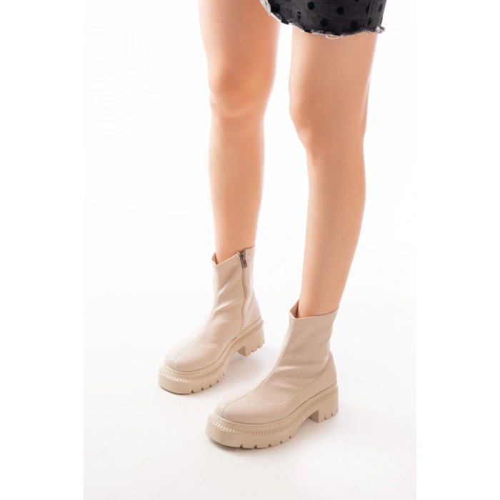 236-2011 Bej Streç Fermuarlı Günlük Kadın Bot