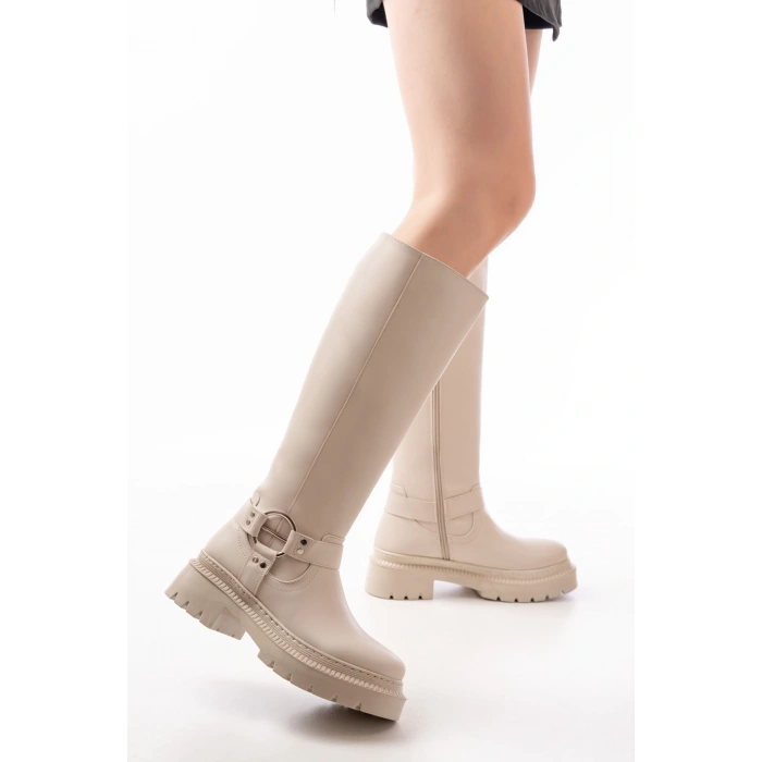 236-3021 Bej Fermuarlı Günlük Kadın Çizme