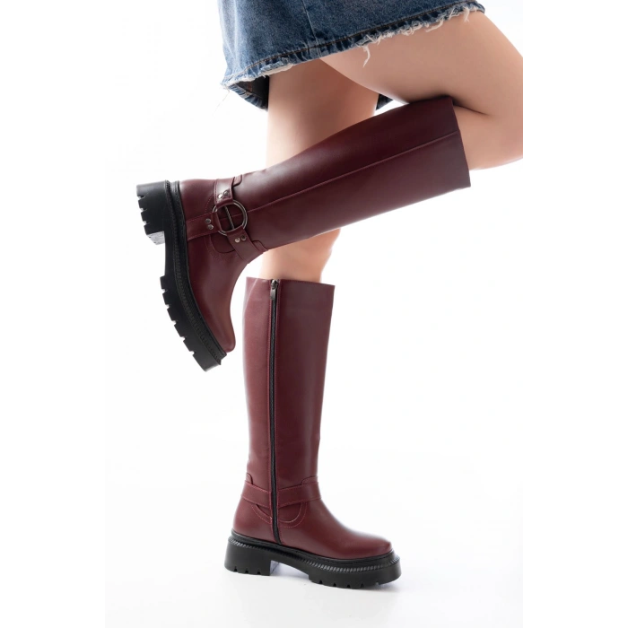 236-3021 Bordo Fermuarlı Günlük Kadın Çizme