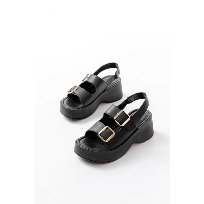 24414-572 Siyah Tokalı  Günlük Dolgu Topuk Kadın Sandalet