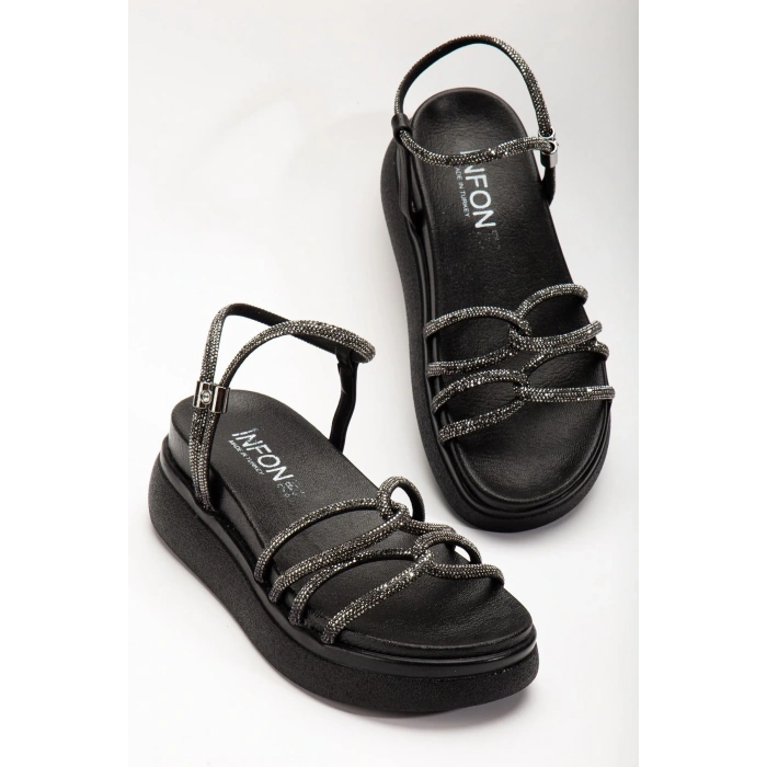 24422-1221 Siyah Dolgu Topuk Kadın Sandalet