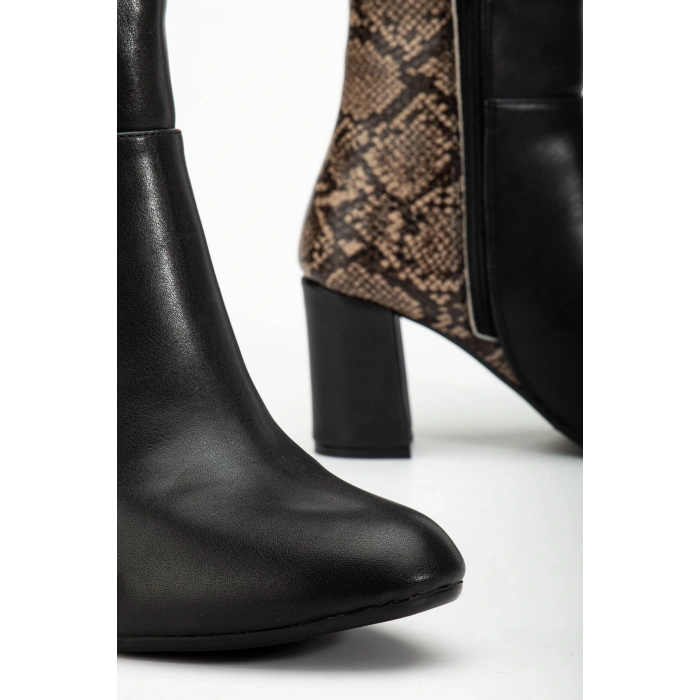 292 Siyah Leopar Desen Detaylı Fermuarlı  Yüksek Topuklu Günlük Kadın Bot
