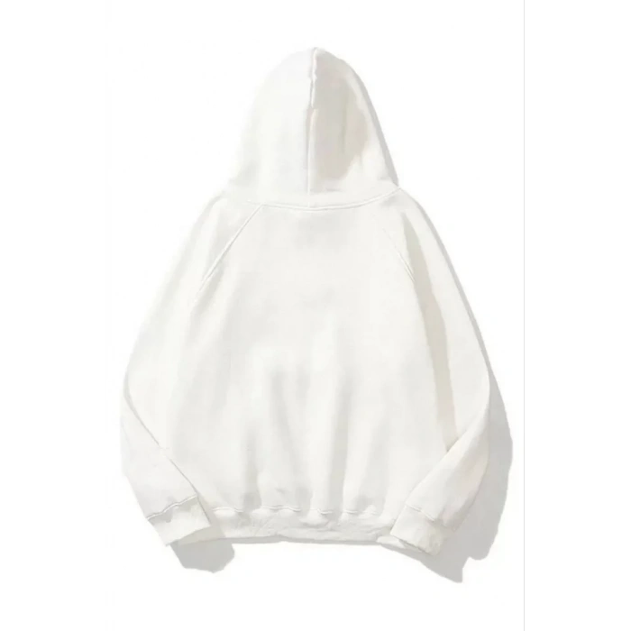 3 İplik Pamuklu Unisex Kapşonlu weetshirt  Beyaz
