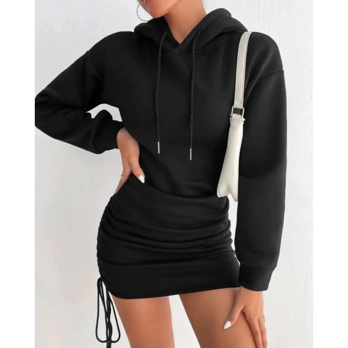 3 iplik şardonlu kapşonlu elbise siyah