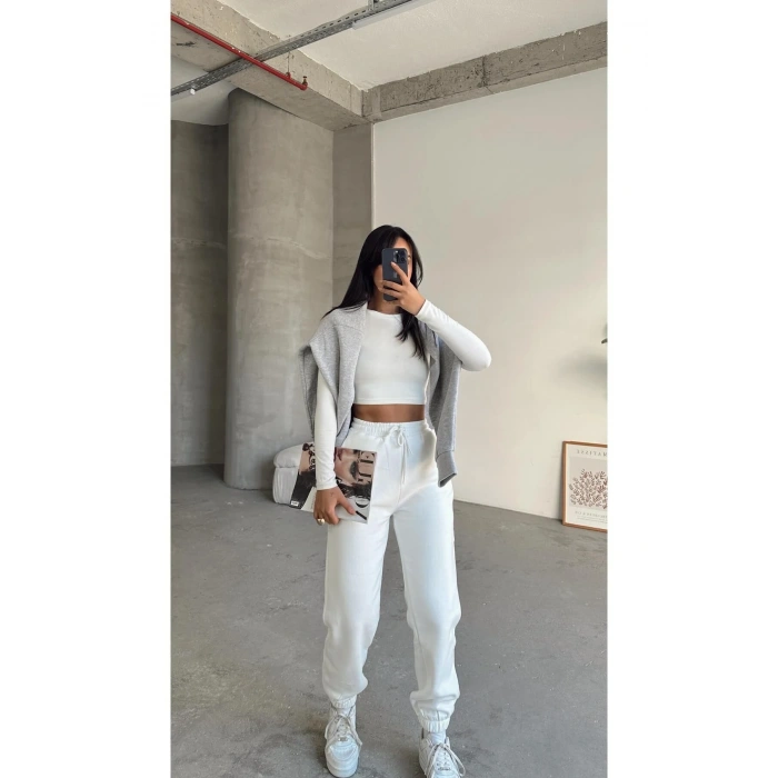 3 iplik şardonlu paça lastikli eşofman beyaz is001