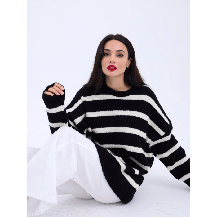 43111 TRİKO ÇİZGİLİ SALAŞ KAZAKSİYAHEKRU