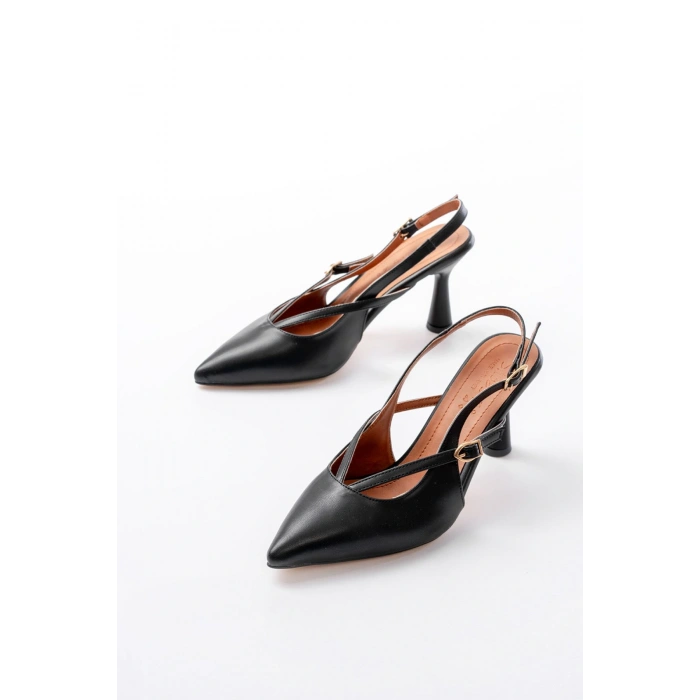 4962 Siyah Sivri Burun Tokalı Yuvarlak Topuk Kadın Sandalet