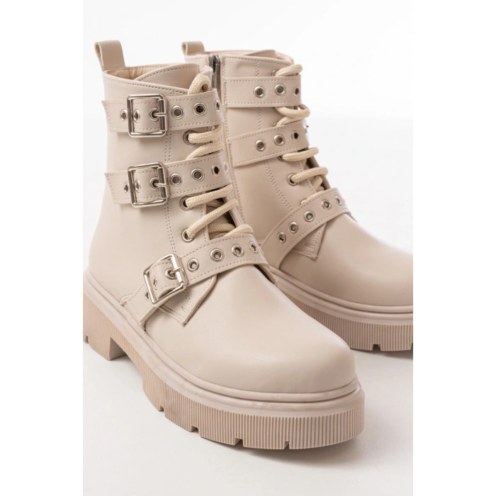 508-3039 Bej Toka Aksesuarlı Fermuarlı  Günlük Kadın Bot