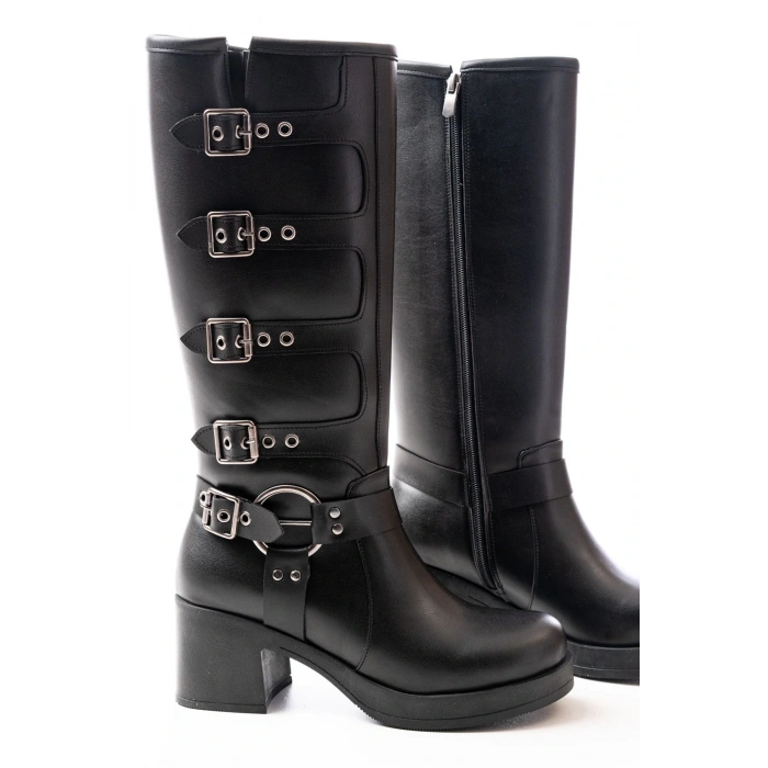 5109-3015 Siyah Topuklu Fermuarlı Toka Aksesuarlı Günlük Kadın Çizme